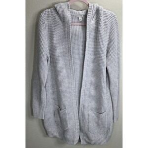 L.L.Bean Hooded Waffle Knit Cardigan Gray Merino Wool Blend Large